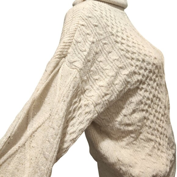 Sofia Jeans M Cream Cable Knit Cold Shoulder Turtleneck Sweater Metallic Sequins - Picture 10 of 16